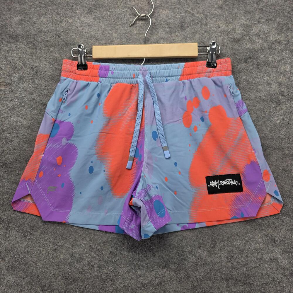 Fabletics Shorts Mens Small Gray Purple Orange OG Slick Splatter Running Zip